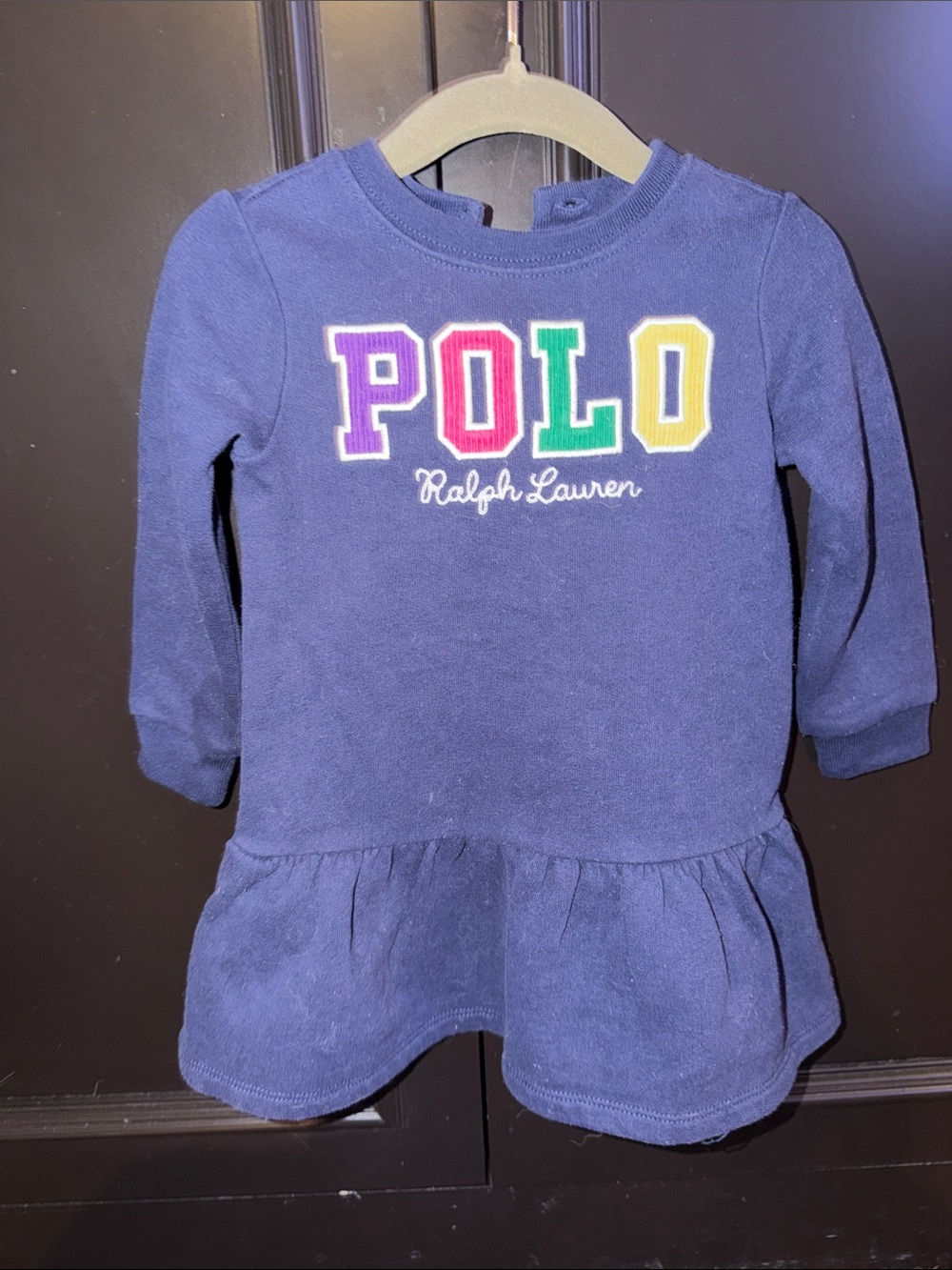 Ralph Lauren Navy Girls Long-Sleeve Dress Top with Colorful POLO Letters
